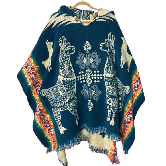 Casa De Alpaca Ecuadorean Poncho Multicolor Hooded Handmade Alpaca One Size - Picture 2 of 11